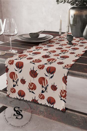 SasoHome Red Moon And Cream Plants Patterned Digital Printed Decorative Runner