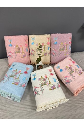 AYHANHOME Kuş Kafes Nakışlı Kadife Pamuklu Ponponlu 6'lı 30x50 Mutfak Havlu Seti