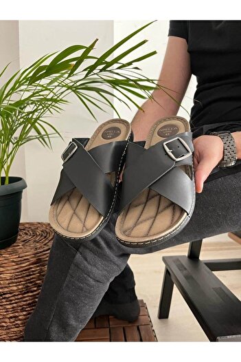 Behtah Kundura Men's King Size Large Size Black Orthopedic Soft Slippers Size 45 46 47