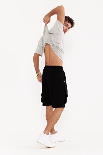 THIMOON Men's Black Pocket Combed Cotton Shorts