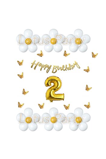 LOTUS PARTY 2 Year Old Butterfly Daisy Themed Balloon Set White Yellow Balloon Happy Birthday Gold Lettering - Gold Number