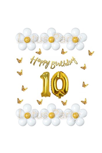 LOTUS PARTY 10 Years Old Butterfly Daisy Themed Balloon Set White Yellow Balloon Happy Birthday Gold Lettering - Gold Number