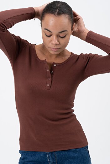 PUNKY CAT Women's Brown Snap-On Knitted Long Sleeve Blouse