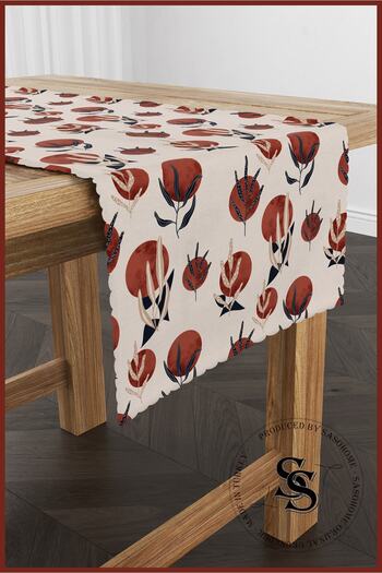 SasoHome Red Moon And Cream Plants Patterned Digital Printed Decorative Runner