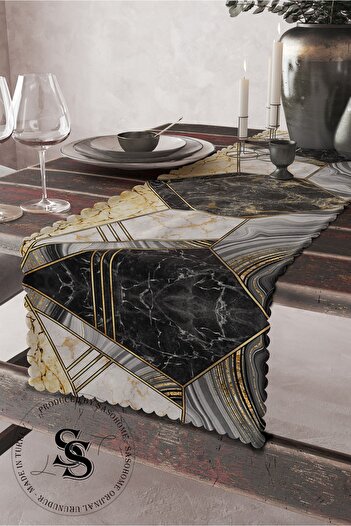 SasoHome Yellow Black Marble Patterned Digital Printed Decorative Runner