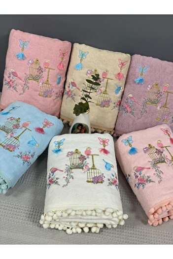 AYHANHOME Kuş Kafes Nakışlı Kadife Pamuklu Ponponlu 6'lı 30x50 Mutfak Havlu Seti