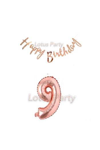 LOTUS PARTY 9 Year Old Rose Gold Birthday Set - Rose Gold Number Foil Balloon Rose Gold Hapyy Birthday Lettering