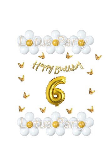 LOTUS PARTY 6 Yaş Kelebekli Papatya Temalı Balon Seti Beyaz Sarı Balon Happy Birthday Gold Yazı - Gold Rakam