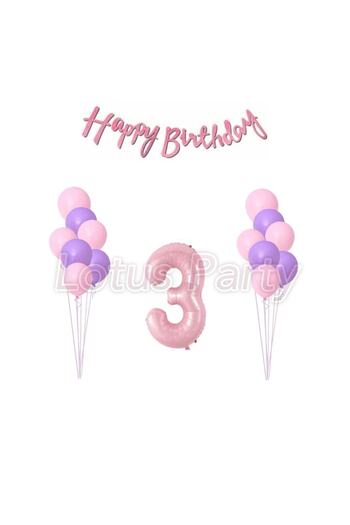 LOTUS PARTY 3 Years Old Pink Lilac Balloon Set - 15 Balloons - Pink Happy Birthday Text - Pink Number Foil Balloon