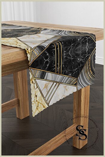 SasoHome Yellow Black Marble Patterned Digital Printed Decorative Runner
