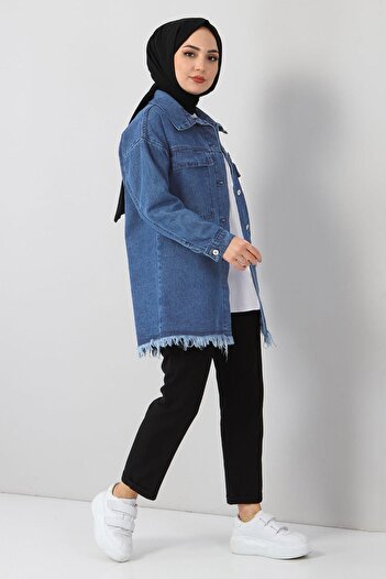 Modamihram Tassel Detailed Denim Jacket Light Denim 6011