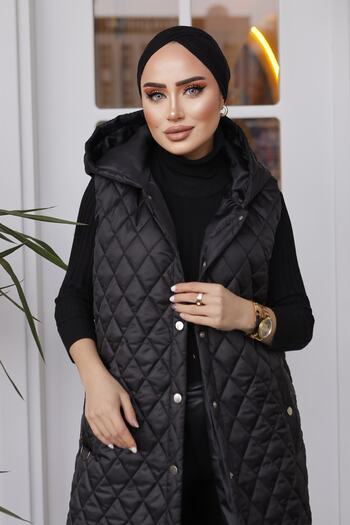 Minel Women's Black Hooded Long Puffer Vest with Slit Detail