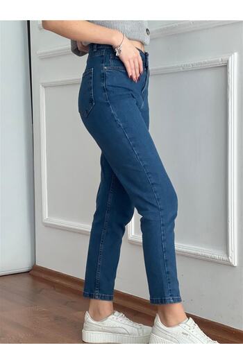 LİMABEL Women's High Waist Full Lycra Blue Mom Jeans Pants Lycra Extra Stretchy Summer Blue Mom Jeans Pants