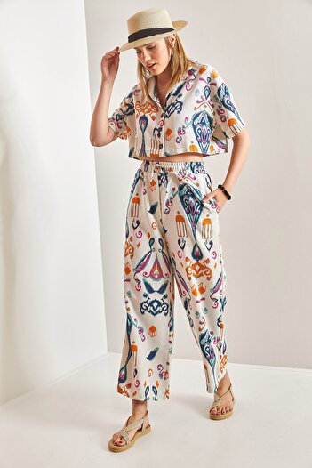 Bianco Lucci Women's Short Sleeve Ethnic Linen Crop Shirt Trousers Set
