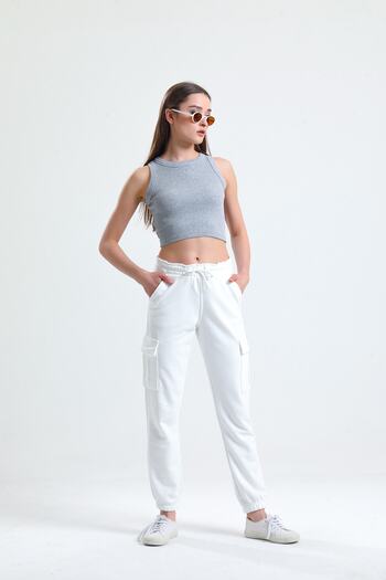 ladyzey Γυναικεία φούτερ εκρού Cargo Pocket Corded Waist Elastic