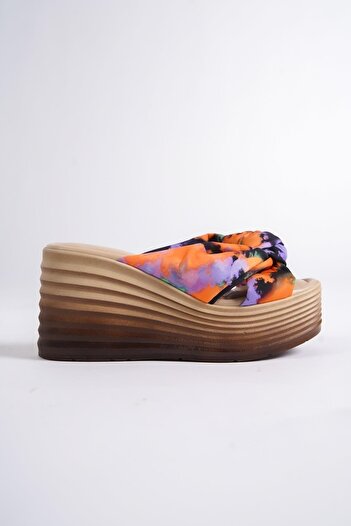 Modabuymus Pointy Orange Batik Platform Wedge Heeled Women's Slippers