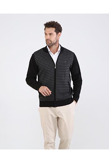 Çizgi Triko Men's Knitwear Black Jacket with Zippered Pocket Detail Patterned Arm and Waist Elastic Steel Knit
