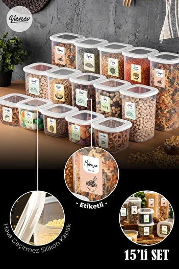 Vienev مجموعة حاوية تخزين طعام مربعة مع ملصقات ملونة مكونة من 15 قطعة 5x (0.55 لتر، 1.2 لتر، 1.75 لتر) أبيض