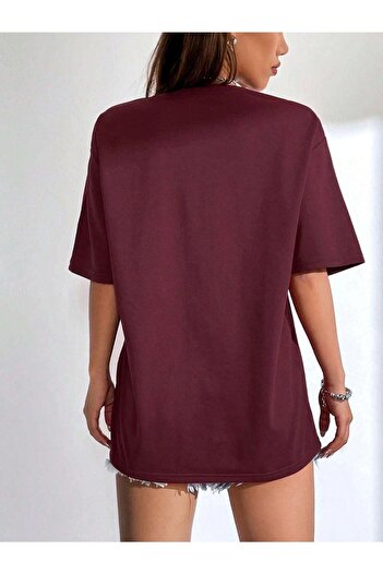 Benisengiydir Women's Burgundy World Oversize Crew Neck Tshirt