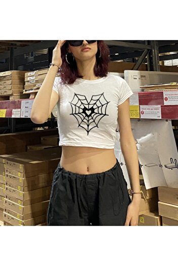 Touz Black Heart Web Printed White Crop
