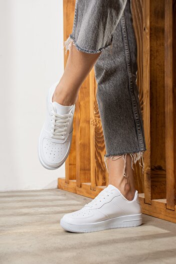 Nstil Günlük Kadın - Erkek Beyaz Sneaker Bağcıklı Yürüyüş Nefes Alan Spor Ayakkabı 1004