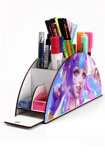 kutuTR Wooden Vip Anime Series Rainbow Ruled Desktop Pen Holder For Kids Organizer Assembled Boxed