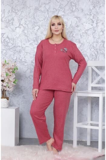 MEBA Women's Large Size Winter Claret Red Single Flower Pajama Set