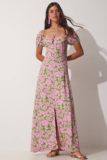 Happiness İstanbul Rochie de vară din viscoză, roz, verde, cu flori, UB00079