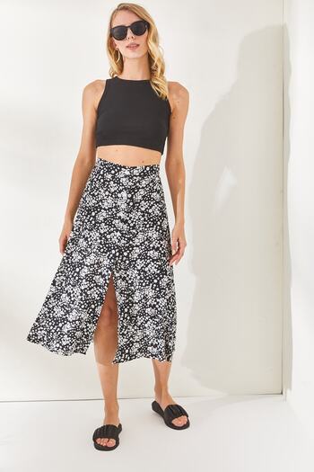 Olalook Women's Black Buttoned Woven Viscose Bell Skirt ETK-19000241