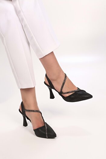 Shoeberry Women's Mungo Black Glitter Stone Heeled Shoes
