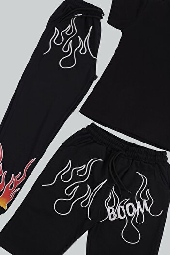 Çiggo Kids Plain Basic Cotton T-Shirt and 2 Boom Printed Bottom 3-Piece Combination