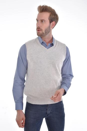 Çizgi Triko Men's V-Neck Beige Sweater Regular Fit with Angora Rabbit Wool