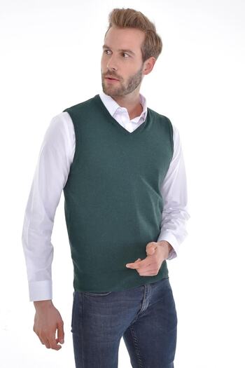 Çizgi Triko Men's V-Neck Khaki Sweater Regular Fit with Angora Rabbit Wool