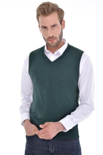 Çizgi Triko Men's V-Neck Khaki Sweater Regular Fit with Angora Rabbit Wool
