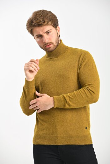 Çizgi Triko Men's Full Fisherman Camel Sweater Angora Rabbit Wool Regular Fit