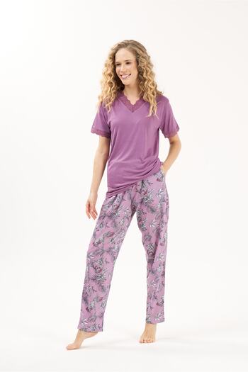 Yeni İnci Lace Detailed Floral Cotton 2-Piece Women's Pajamas Set