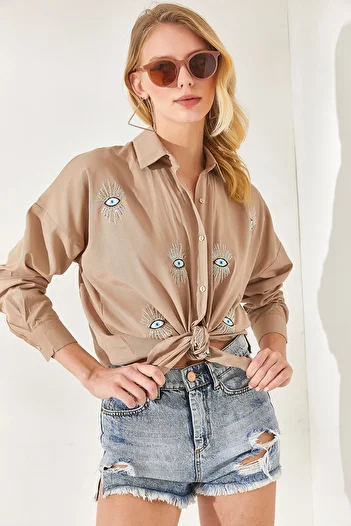 Olalook Mink Sequin Detailed Woven Boyfriend Shirt GML-19000992