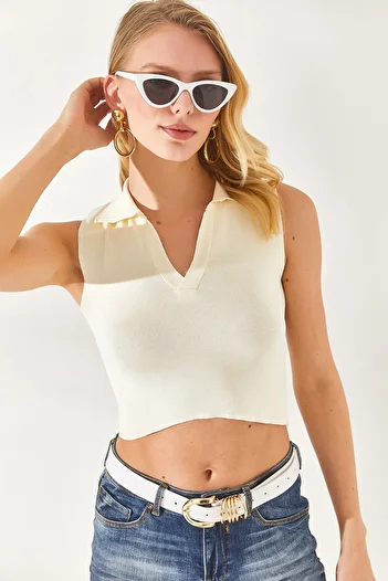 Olalook Women's Ecru Polo Neck Sleeveless Crop Knitwear Blouse BLZ-19002281