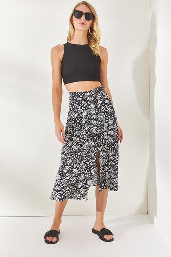 Olalook Women's Black Buttoned Woven Viscose Bell Skirt ETK-19000241