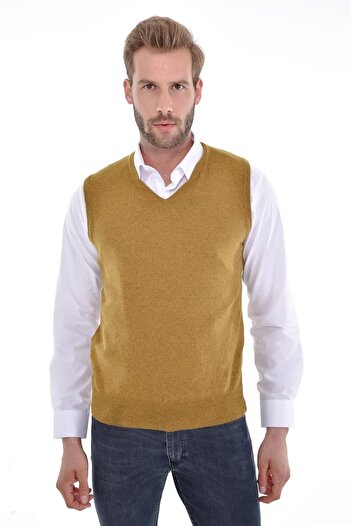 Çizgi Triko Men's V-Neck Camel Sweater Regular Fit with Angora Rabbit Wool
