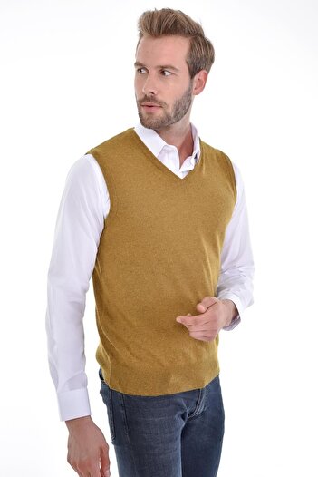 Çizgi Triko Men's V-Neck Camel Sweater Regular Fit with Angora Rabbit Wool