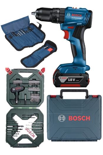 Bosch Tek Akülü Kömürsüz Darbeli Matkap Vidalama Şarjlı Matkap + 77 Parça Aksesuar Seti