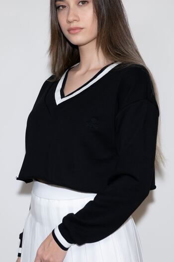 Soyo Women's Black Collar and Sleeve Striped Oversize Crop Sweatshirt
