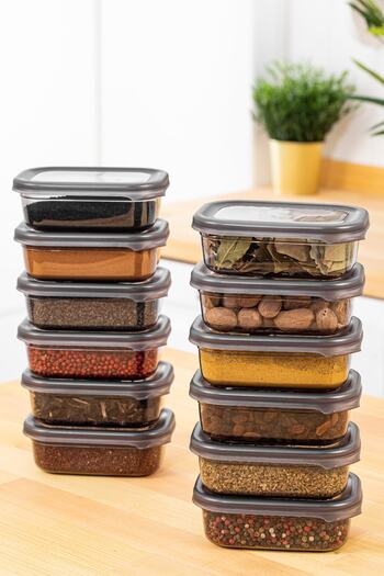 Vienev Set of 12 Peggy Rectangular Spice Storage Containers with Colorful Labels 400 Ml Anthracite