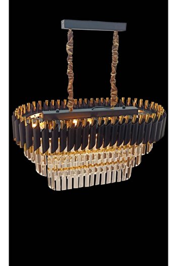 MATMAZEL AKSESUAR Avizade Zamira 75x35 Cm Kristal Taşlı 3 Katlı Yemek Masası Üstü Lüks Avize 6 Lı (black-gold)