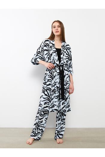 LC Waikiki Lcw Dream Black Printed Double Breasted Collar Patterned Viscose Women's Dressing Gown