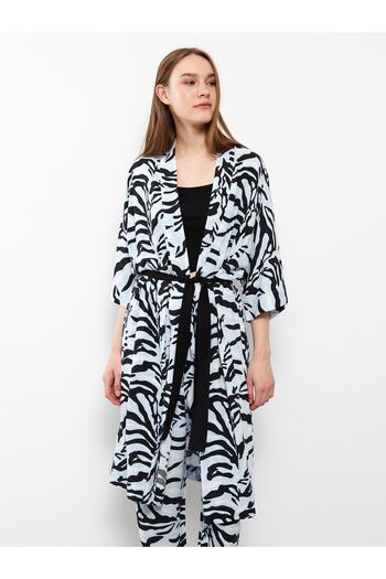 LC Waikiki Lcw Dream Black Printed Double Breasted Collar Patterned Viscose Women's Dressing Gown