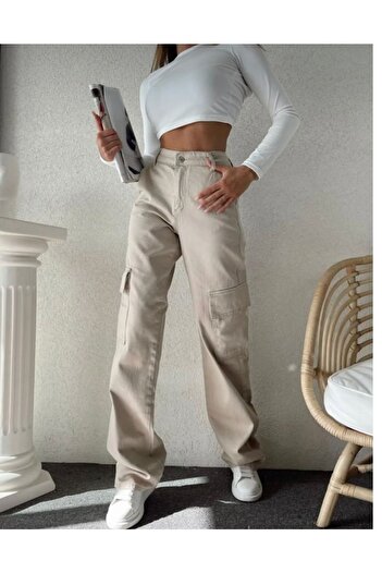 LAMİRAMOOD Cargo Pocket Beige Wide Leg Jeans