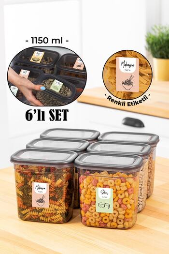 Vienev Set of 6 Peggy Rectangular Storage Containers with Colorful Labels 1150 Ml Anthracite