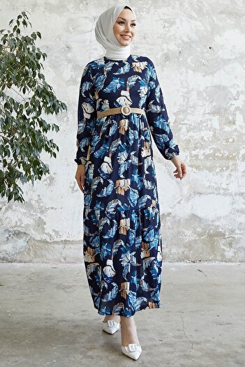 InStyle Nerissa Leaf Pattern Dress - Indigo